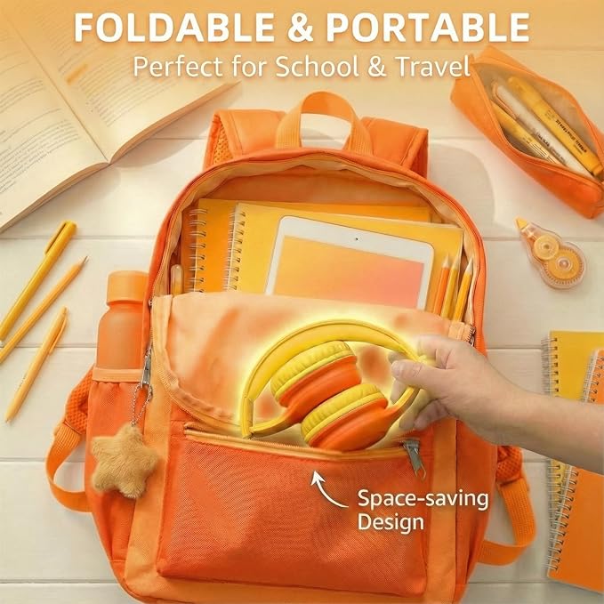Wired Kids Headphones with USB C Plug, 85dB Safe Volume, Adjustable Headband, Tangle-Free Cord Headphones for School, Tablet, Travel (Yellow & Orange, Without Microphone)