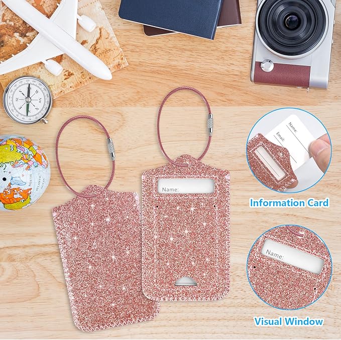 ACdream Luggage Tags 2 Pack, Leather Suitcase Tags Identifiers, Cute Cruise ID Labels with Privacy Cover fits on Backpack, Travel Bag, for Women, Men, Adults, Kids, Glitter Rose