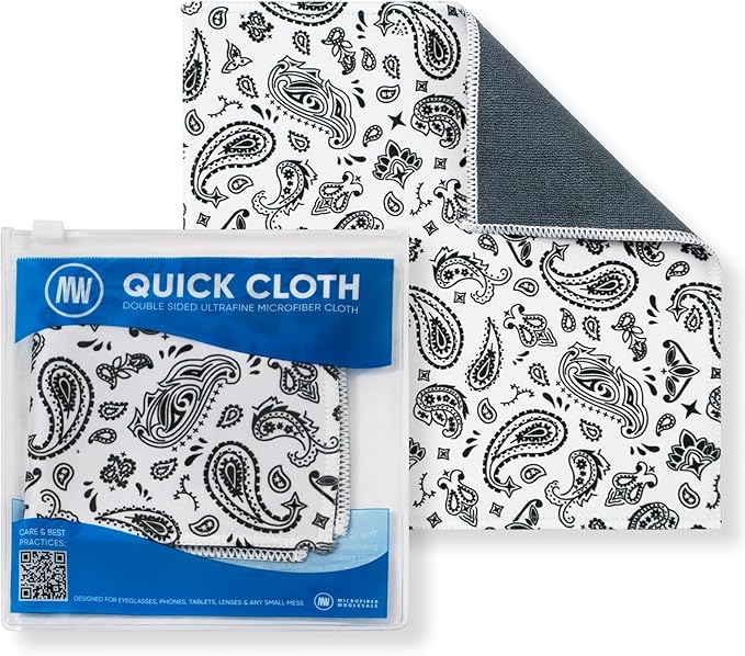 Quick Cloth Microfiber Glasses Cleaning Cloths – 8x8, Paisley White, 1 Pack with Case | Double-Sided Lens Cleaner for Eyeglasses, Camera, Screens & Glass | Reusable Microfiber Glass Polishing Cloths