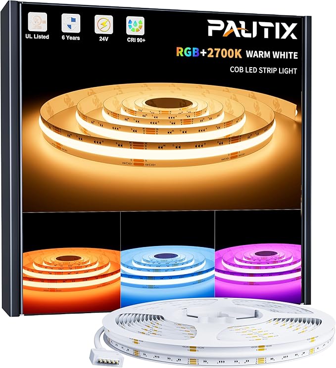 PAUTIX COB LED Strip Lights,RGBW LED Lights RGB+2700K Warm White UL Listed Dotless 24V Color Changing RGB Light for Gaming Room,Cabinets,Bedroom,Party Lighting(Power Supply & Controller Not Included)