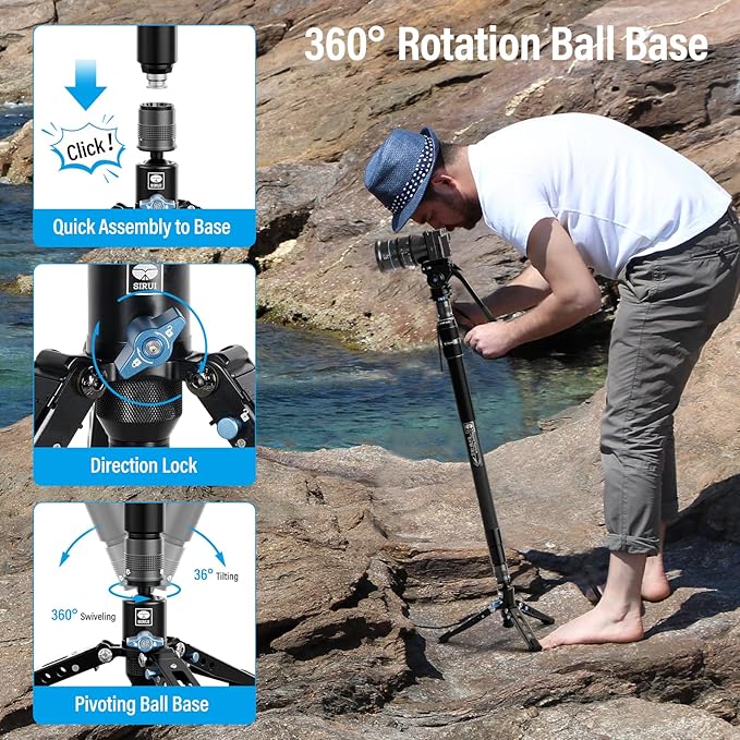 SIRUI SVM-145 Carbon Fiber Camera Monopod with Feet, 60.7" Professional Lightweight Travel Monopod with Fluid Video Head for DSLR Camera, One-Step Height Adjustment, Modular, Max Load 22lbs