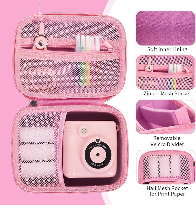 Hikkon Camera Case Compatible for ESOXOFFORE/Upgrade/Dylanto/Yehtta/HiMont/CAMCLID Kids Instant Print Camera Toy,Portable Digital Camera Storage Holder Organizer Bag (Case Only) - Pink