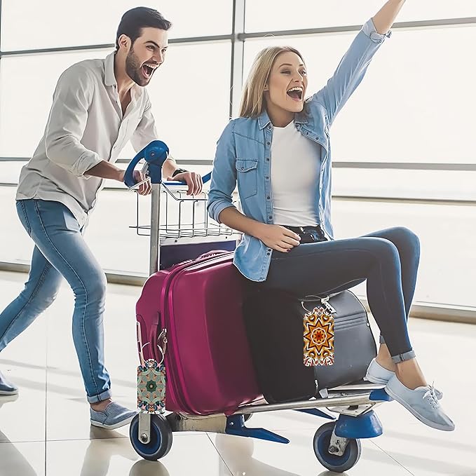 Mandela Boho Style 2 Pack PU Leather Luggage Tags for Suitcase, Travel Cruise Tags with Privacy Flap, Name ID Label and Metal Loop for Women Men Baggage Handbag School Bag Backpack
