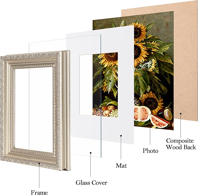 eletecpro 4x6 Picture Frames Set of 4, Vintage Frames with Glass Cover, Ornate Photo Frame Displays 3.5x5 Photo with Mat or 4x6 without Mat for Tabletop or Wall Decor, Silver Beige