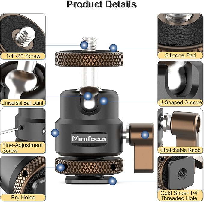 MINIFOCUS Mini Ball Head, Metal Tripod Ballhead with 1/4" Cold Shoe Adapter, 360° Swivel 125° Tilt Ball Heads for Camera, Camcorder, Phone Holder, Max Load 11lb