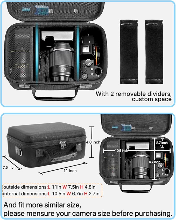 RAIACE Hard Case Compatible with Sony Alpha 7 II III IV/7R V Camera, for Nikon, for Canon, for Pentax and More.Large Capacity With Mesh Pocket for Lens, Charger, Cables, Cards and Accessories.-Black