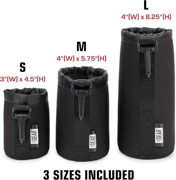 USA Gear FlexARMOR Protective Neoprene Lens Case Pouch Set 3-Pack - Small, Medium and Large Cases with Drawstring Opening, Attached Clip, Reinforced Belt Loop (Black)