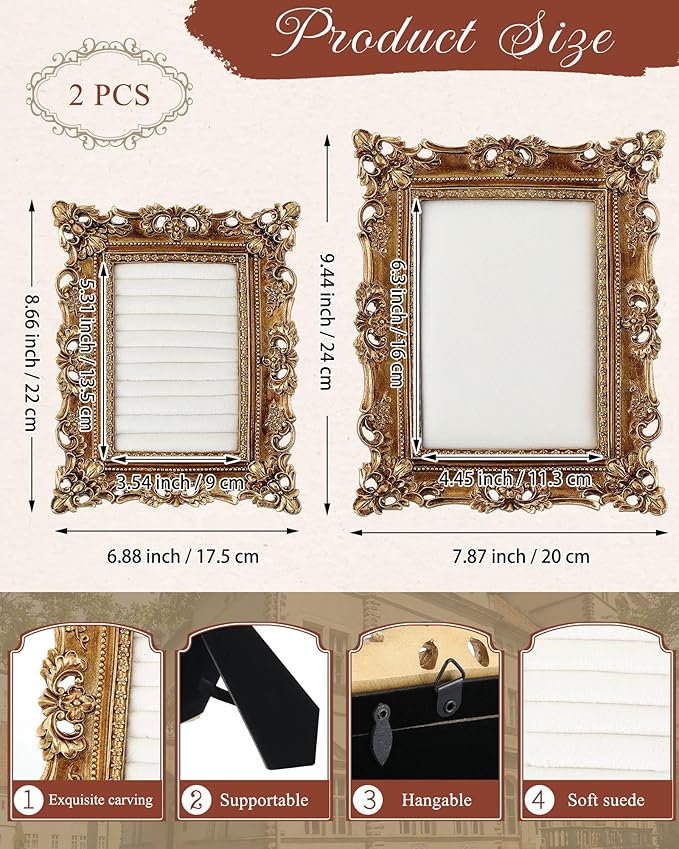 2 Pcs Gold Jewelry Display Stand Vintage Necklace Organizer Ring Holder Earring Tray Resin Jewelry Photography Props Frame with Velvet Backing for Gifts (White,Large,Small,Hollowed out)