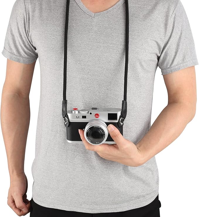 Camera Shoulder Strap - Climbing Rope Neck Strap for Mirrorless & DSLR Cameras, with Lens Cap Keeper (Black)