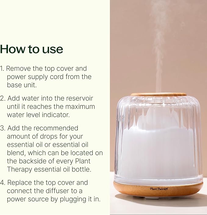 Plant Therapy Serenity Glass Diffuser, Elegant Glass Cover, Intermittent & Continuous Mist, Multiple Light Settings, Essential Oil Diffuser, 250 Square Feet Coverage