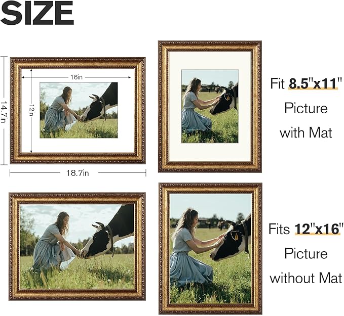 12x16 Antique Bronze Vintage Picture Frame, Ornate Vintage Picture Frames for Wall or Tabletop Display, 12 x 16 Photo Frame with Real Glass, Display Poster 8.5x11 with Mat or 12x16 without Mat for Antique Déco