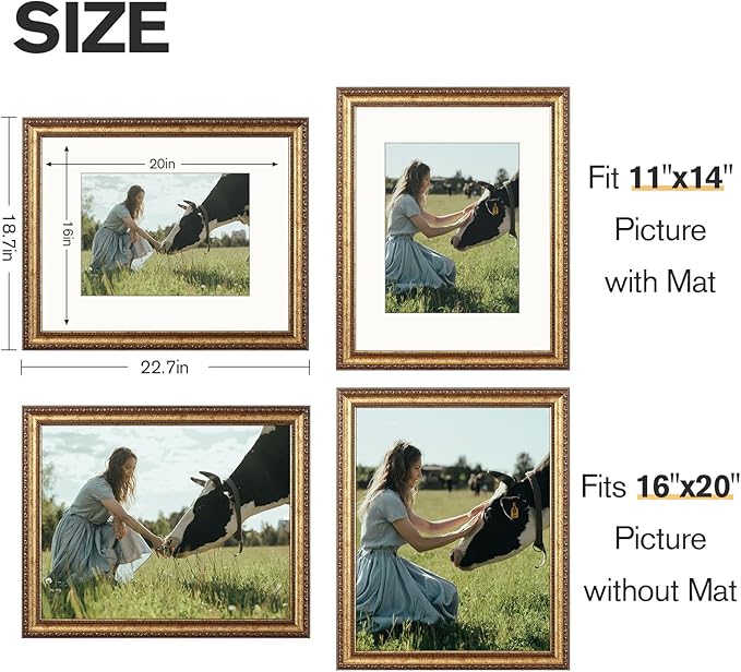 16x20 Gold Picture Frame, Ornate Vintage Picture Frames for Wall or Tabletop Display, 16 x 20 Photo Frame Gold with Non Glare Plexialass, Display Poster 11x14 with Mat or 16x20 without Mat for Antique Déco