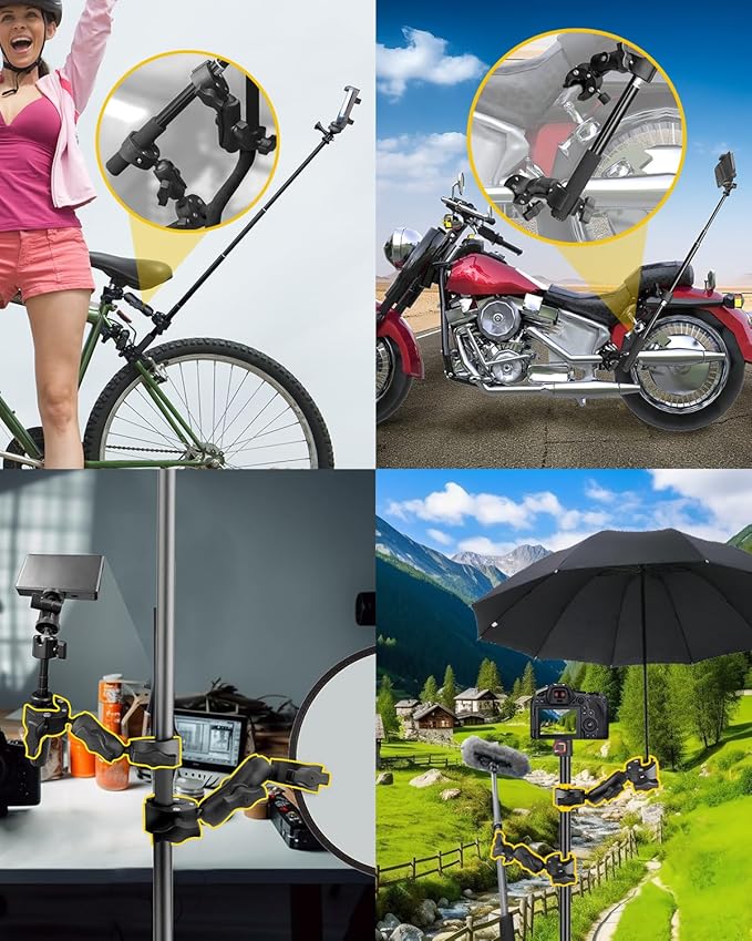 Double Super Clamp Mount 7.28"/18.5cm & 8.86"/22.5cm, Motorcycle Bike Handlebar Umbrella Pole Chair H oleder Clamp Mount for Light Stand Reflector Boom Stand Selfie Stick