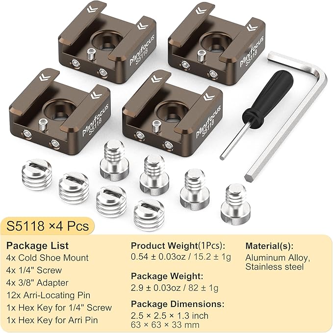 MINIFOCUS Cold Shoe Mount(4 Pcs), 1/4"-20 Screw with Locating Pins Compatible for ARRI Standard Mounting Points, with 3/8"-16 Adapter for Camera Cage Flash LED Monitor Microphone