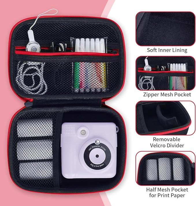 Hikkon Kids Camera Case Fit for ESOXOFFORE/Dylanto/Yehtta/HiMont/Gofunly Instant Print Camera Toy,Portable Digital Camera bag Storage Holder Organizer(Case Only) - Black&Red