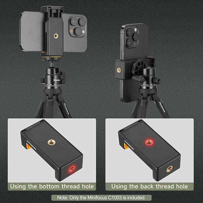 MINIFOCUS Phone Tripod Mount with Cold Shoe for iPhone and Other Phone, Universal Adjustable Smartphone Holder with 1/4'' Screw Hole Used for Microphone LED Video Light Monopod Selfie Stick Tripod