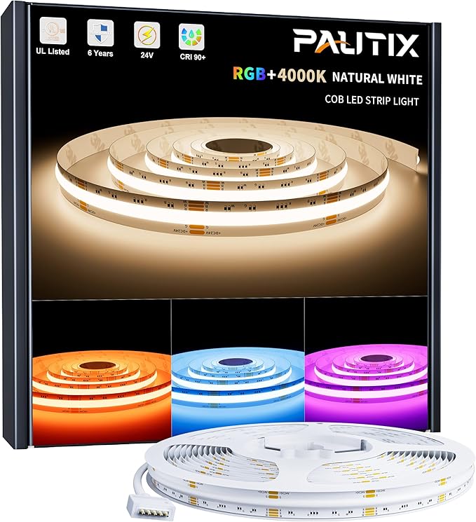 PAUTIX RGBW 4000K COB LED Strip Light 24ft/7.5m,UL Listed 24V Color Changing Tape Lights with 896LEDs/m Multicolor Flexible for TV,Bedroom,Party DIY Decoration(Power Supply & Controller Not Included)