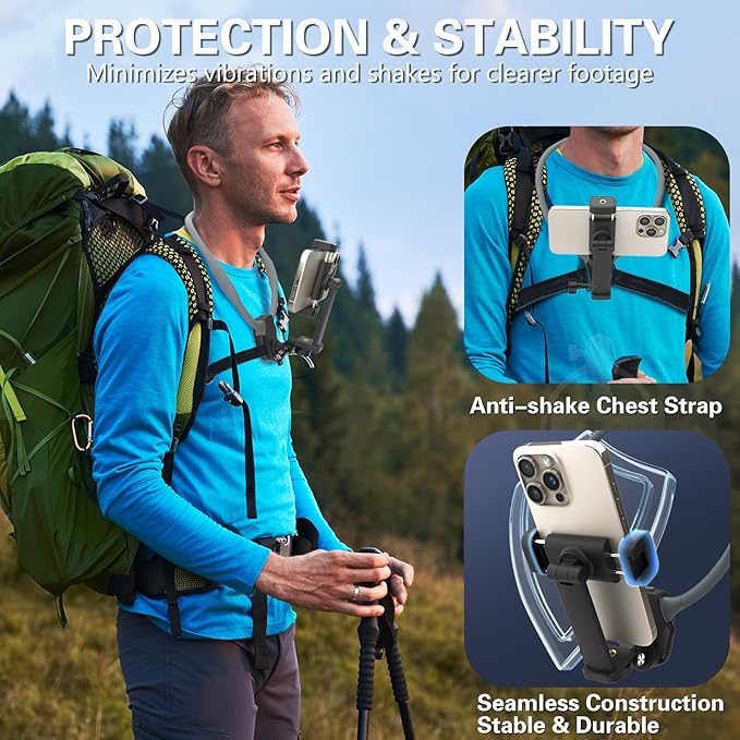 Beviliu Neck Phone Holder for Recording, Hands-Free POV/Vlog Neck Mount with Phone Clip & Chest Strap for Cooking/Fishing/Video Filming, Content Creator Phone Holder for iPhone Android Insta360