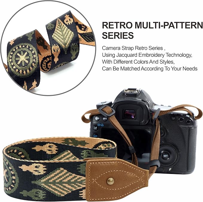 Padwa Lifestyle 2" Wide Classic Crazy Horse Art Cowhide Head Camera Strap - Jacquard Embroidery Floral Vintage Camera Straps for Photographers Gift, Adjustable Shoulder Neck Strap Fits DSLR Cameras