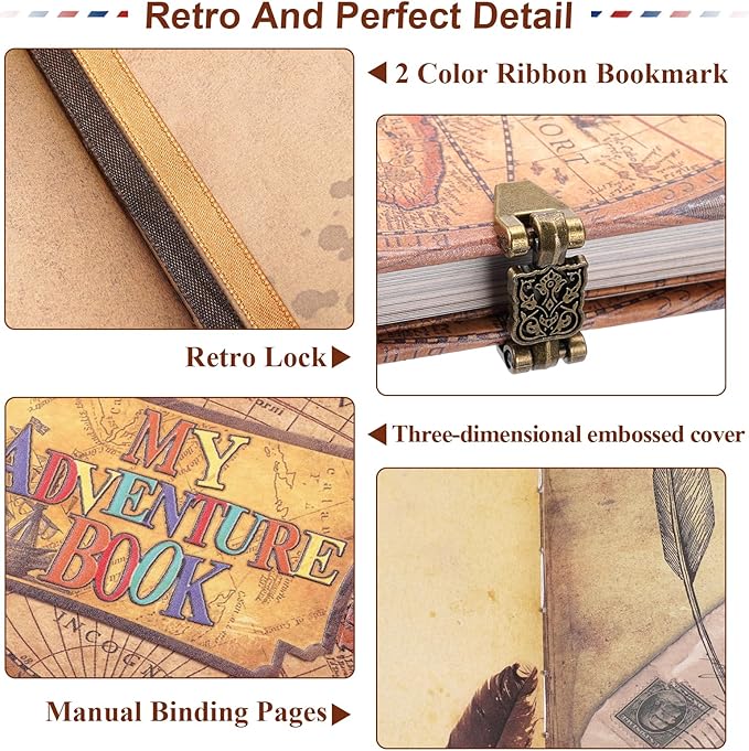 My Adventure Book Scrapbook 124 Pages Retro Style Embossed Photo Album,DIY Handmade Memory Travel Diary Photo Scrapbook for Couples,Anniversary,Wedding,Valentines Day Gifts(Retro Map)