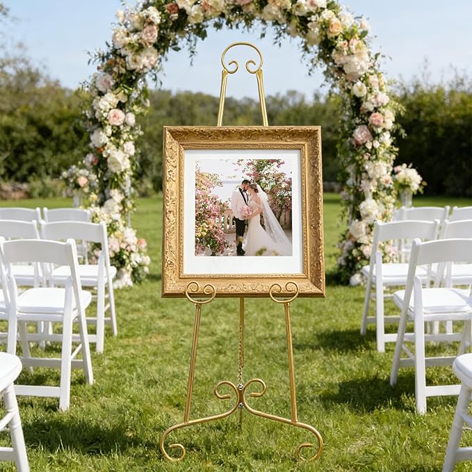 Gold Easel Stand for Sign, Round Tube Scroll Display Easel, Vintage Metal Floor Stand, Adjustable Chain Easel for Wedding Sign, Artwork, Pictures & Commercial Use