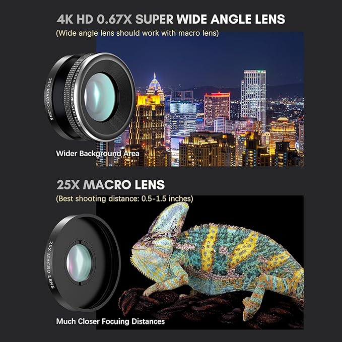 Andoer 4-in-1 Phone Lens Kit External Phone Camera Lens Set with 22X Telephoto Lens 205° Fisheye Lens 4K 0.67X Wide Angle Lens 25X Macro Lens Clip Phone Mini Tripod Replacement for iPhone 15/14/13/12