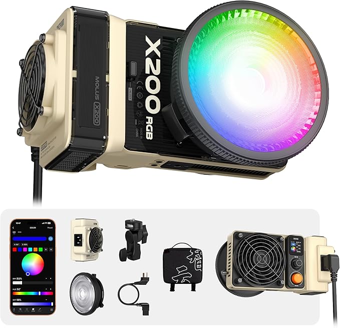 ZHIYUN MOLUS X200 RGB Standard 200W Video Light [Official] Handheld Continuou Output Light Portable Professional Photography Lighting Bowens Mount 2500K~10000K CRI≥95 TLCI≥97 Only 830g (No Battery