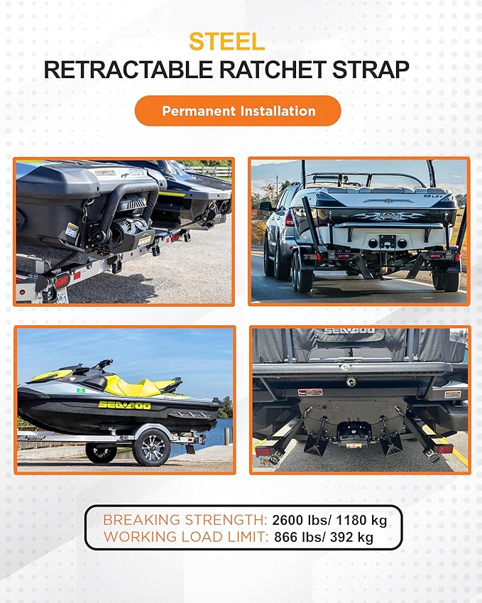 Strapinno 2PCS Retractable Ratchet Straps (1 7/8 in x 4 ft) Heavy Duty Transom Tie Downs for Boat, PWC Trailer - Extra Mounting Brackets & Bolt Set,Safety Latch S-Hook,Break Strength 2,600LBS/1,180KG