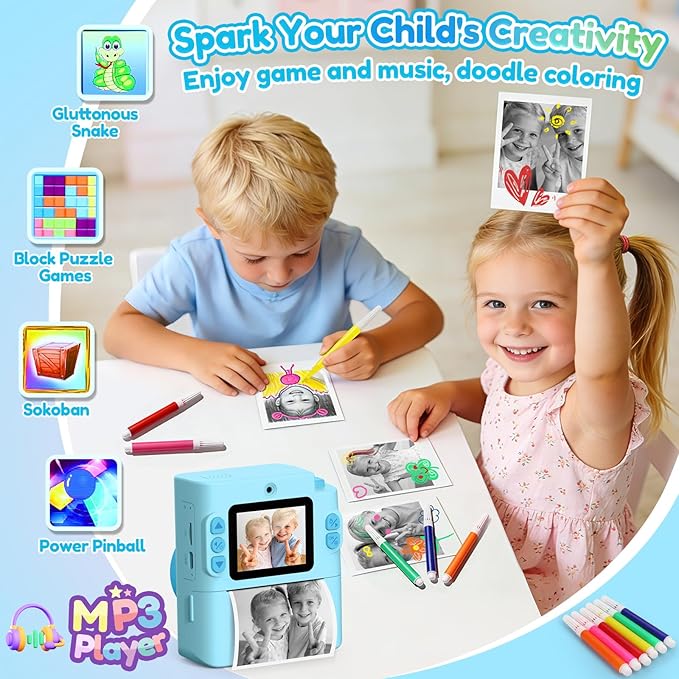 Kids Camera Gift for Boys Girls: Digital Camera Instant Print Support Dual HD Video Toys for Kids Teen Boys Girls Ages 3 4 5 6 7 8 9 10 11 12 Birthday Christmas Valentines Gifts with 32G SD Card Blue