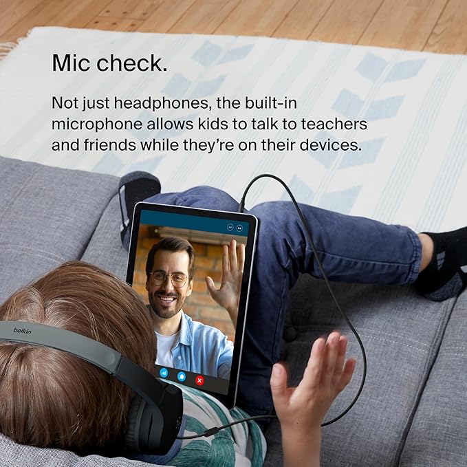 Belkin SoundForm Mini Kids Wired Headphones with Built-in Microphone & Fun Stickers, 85dB Safe Volume Limit – for Online Learning, Travel, Compatible w/iPhone 15, iPad, Galaxy S23, & More - Black