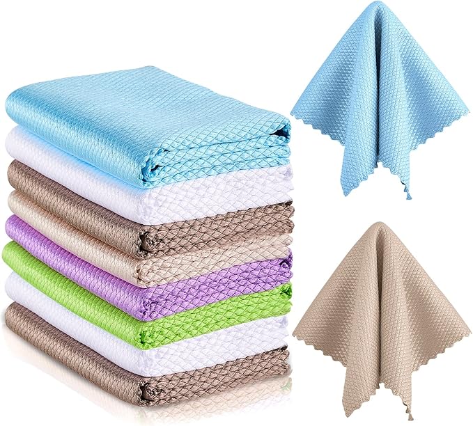 9 Pieces Fish Scale Cloth Microfiber Cleaning Nanoscale Glass Cleaning Cloth Wave Pattern Fish Scale Rag for Washing Windows, Mirrors and More (Basic Colors)