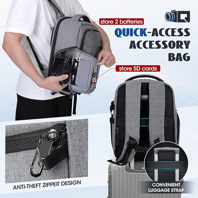 Camera Backpack Camera Bag for Photographers DSLR SLR Mirrorless Camera Cases with Waterproof Rain Cover & Laptop Compartment Fits 14 Inch Laptop,Anti Theft Travel photography backpack,Grey