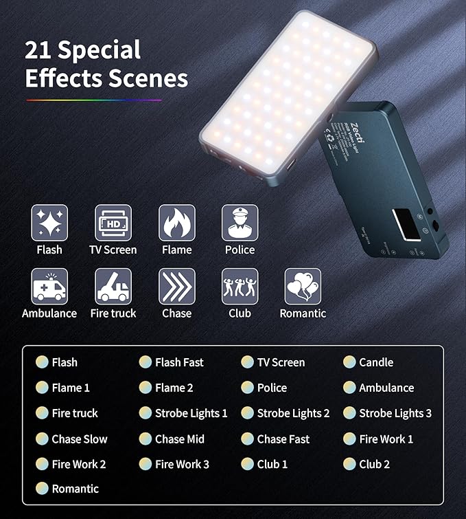 Selfie Light, 96 LED Phone Light with Metal Hotshoe & Clip, 1500mAh Rechargeable 360° Full Color 21 Scenes RGB Video Light for Phones, iPhone, Laptops, Cameras, Selfie, TikTok, Gifts for Men & Women