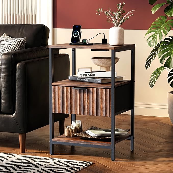 Bonnlo Fluted Nightstand with Charging Station, End Table with Fabric Drawer, Night Stand with Storage Shelf & Handle, Fluted Side Table for Bedroom/Living Room,Walunt
