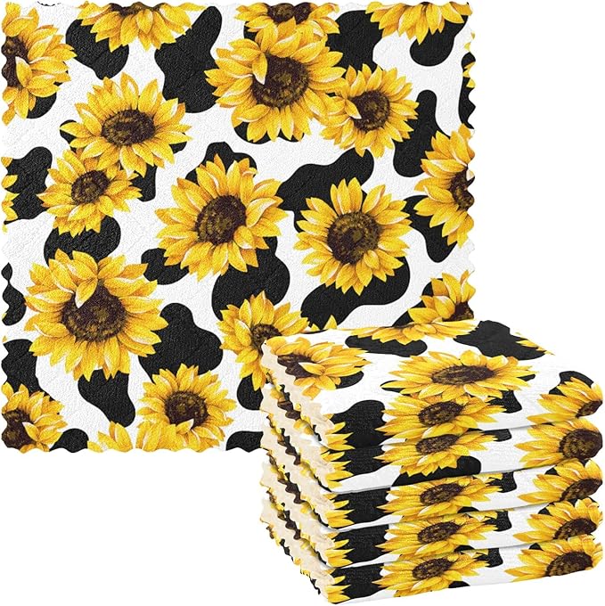 CaTaKu Sunflower Cow Kitchen Dish Cloths for Washing Dishes Reusable Cleaning Cloth Dish Towels Microfiber Washcloths Dish Rags for Kitchen, 6 Pack