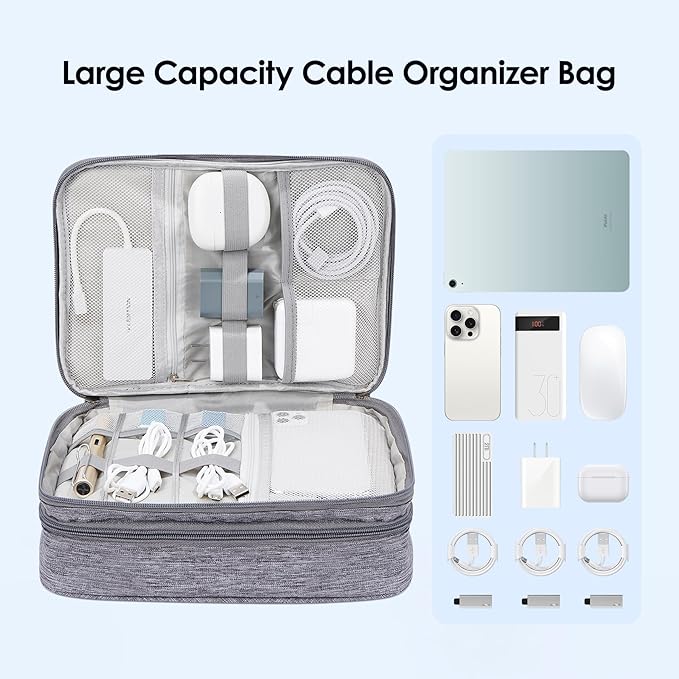 LENTION Waterproof Electronics Organizer Bag, Travel Storage Case with DIY Dividers for Cords, Charger, Power Bank, Earphones – Compact, Durable, Shockproof & Lightweight (Grey)