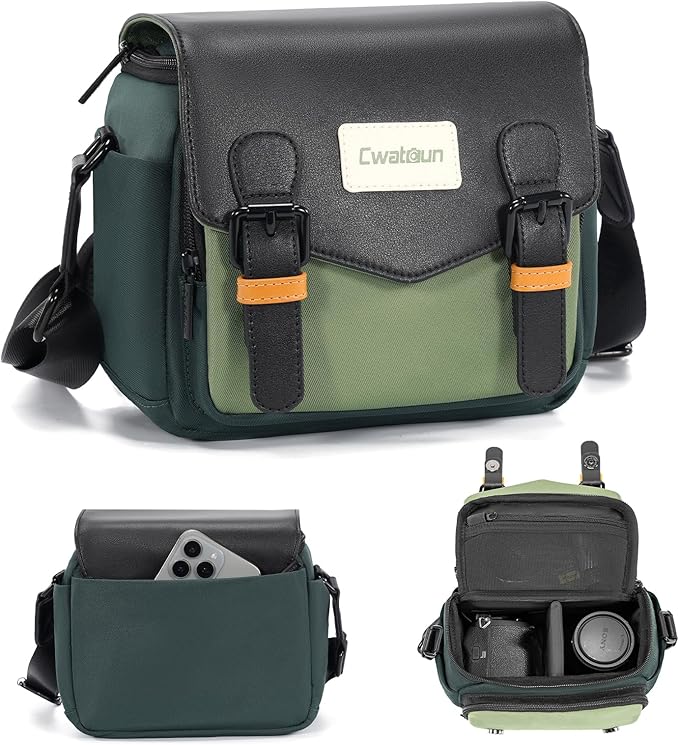 Cwatcun Camera Bag, Waterproof Flap Camera Crossbody Shoulder Messenger Case with Tripod Holder, Travel Photography Bag for Canon, Nikon, Sony, Fuji DSLR/SLR/Mirrorless Camera, Lens - Green, S