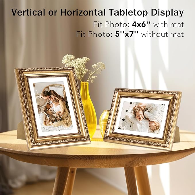 5x7 Vintage Picture Frame with 4x6 Mat Set of 2, Elegant Retro 5 by 7 Photo Frame with Shatter-Resistant Plexiglass for Wall or Tabletop Display, Gallery Decor & Gift, Gold, 2 Pack