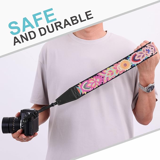 Padwa Lifestyle Colorful Knit Camera Strap - 2" Full Grain Leather Ends Camera Straps for Photographers, Vintage Embroidered Cotton Soft Suede Fabric Padded Strap Quick Release fits All Cameras
