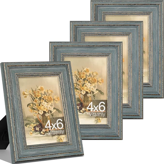 Vittanly 4x6 Picture Frame Set of 4, Vintage Photo Frame for Wall or Tabletop, Display 4x6 Pictures, Rustic Farmhouse Home Decor, Vintage Blue