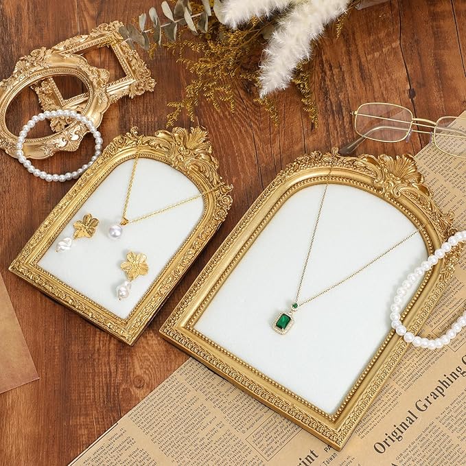 2 Pieces Elegant Gold Jewelry Display Stand Vintage Necklace Display Stand Earring Tray Resin Jewelry Photography Props Frame with Velvet Backing for Gifts(Large, Small)