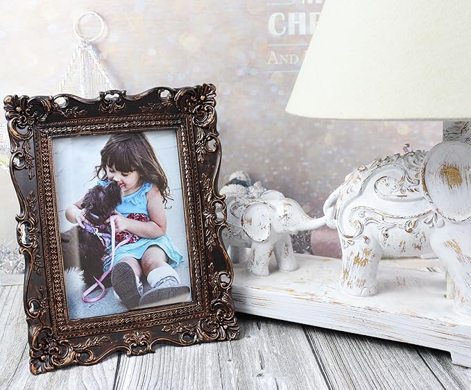 Hymmah 5 * 7inch Wallet Picture Frame Vintage Photo Frame Ornate Textured Hand-Crafted Resin Frame with Easel&Hook for Tabletop&Wall Display,Photo Gallery,Art
