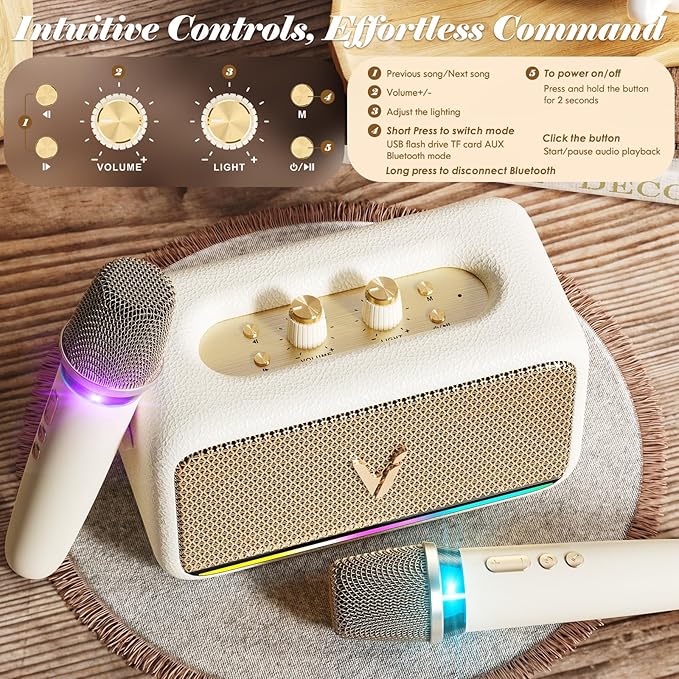 Karaoke Machine with 2 Wireless Mics & Soft Leather Wrap |mini Portable Bluetooth Speaker with 5 Voice Changer Modes for Home Party, AUX/USB/TF Support, for Kids and Adults