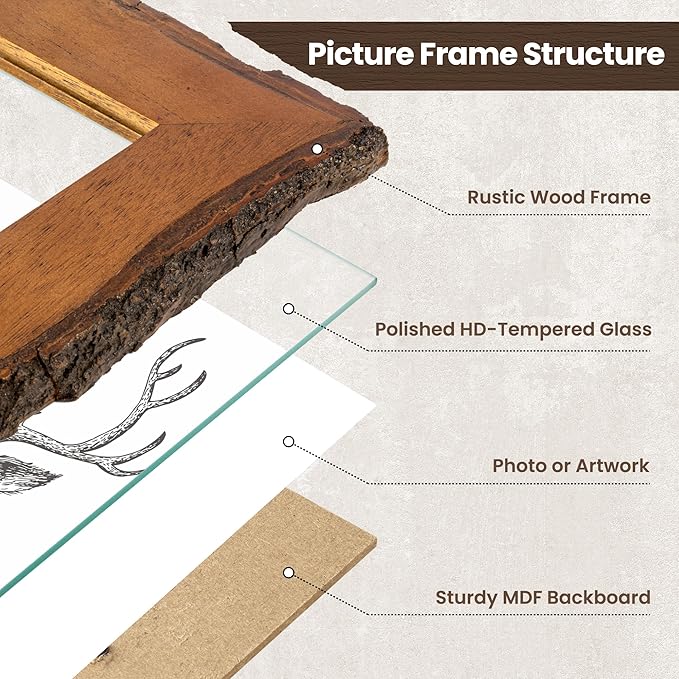 Axeman 4x6 Live Edge Picture Frame, Solid Rustic Handcrafted Wood Frame with Real Bark Edges & High Definition Glass Front, Farmhouse Decor for Tabletop or Wall Display