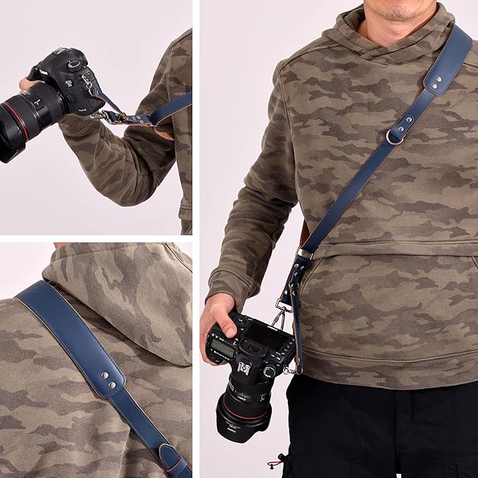 Padwa Lifestyle Blue Single Camera Harness Strap for One Camera - Professional Single Full Grain Leather Camera Harness,Quick Release Gear DSLR Camera Straps for Photographers