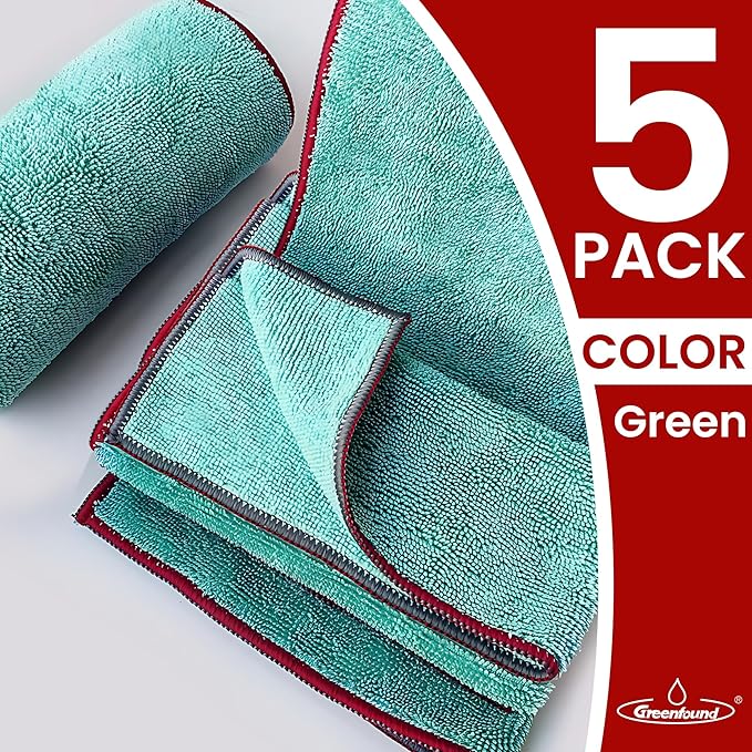 Greenfound Microfiber Cleaning Cloth 5 Pack, 15" x 15" Microfiber Towels for Cars, Lint Free Cloth for House, Kitchen and Window, Green