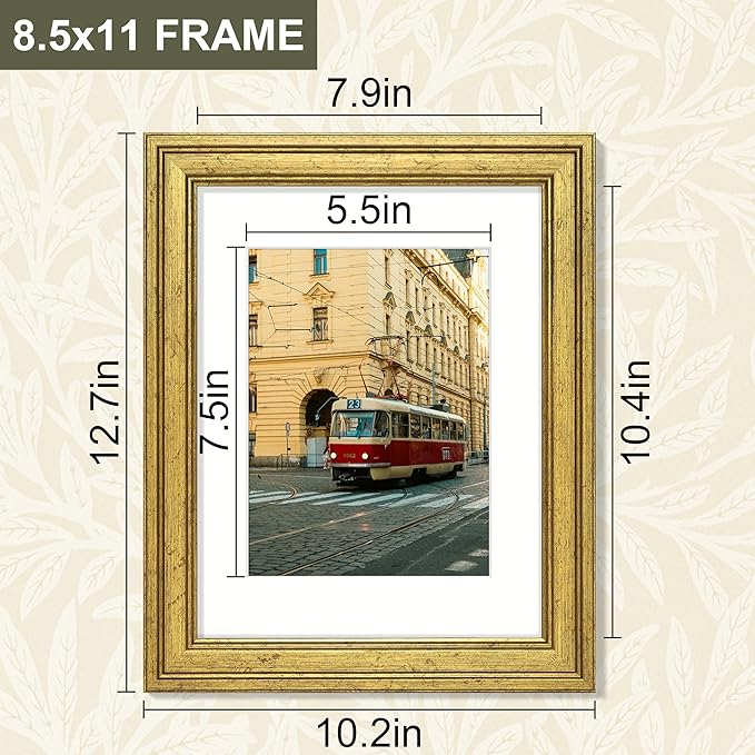 Vittanly 8.5x11 Picture Frame Set of 4, Vintage Photo Frame for Wall Mount, Display 6x8 Pictures with Mat or 8.5x11 without Mat, Rustic Farmhouse Home Decor, Gold