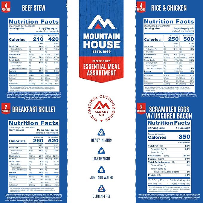 Mountain House Emergency Meal Assortment Kits, Freeze-Dried Survival Food Kit for Disaster Preparedness & Long-Term Storage, 30-Year Shelf Life