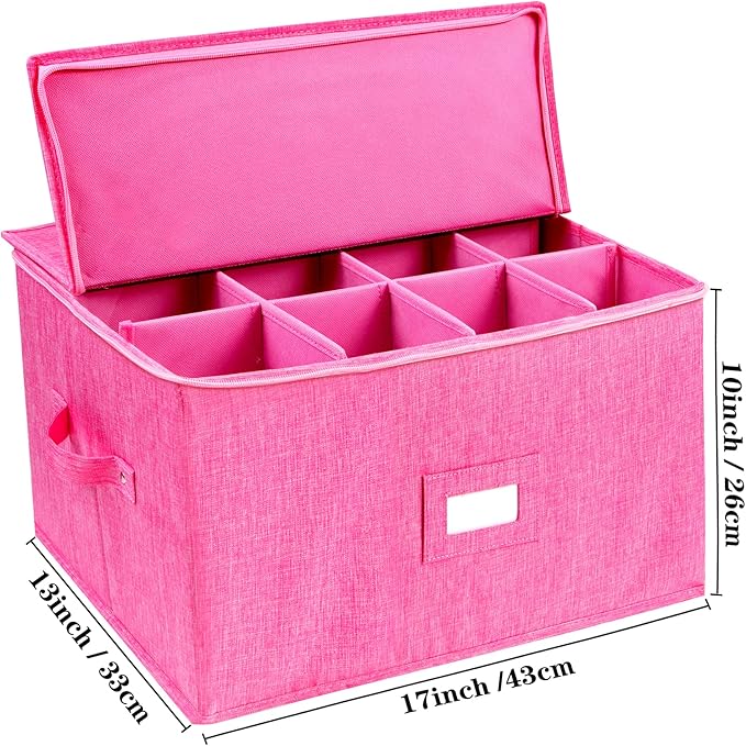 Stemware Storage Cases, Hard Shell Wine Glass Storage Box Containers with dividers for 12 Wine Glasses, Drinkware, Glassware or Crystal 17" x 13" x 10"H (Pink)