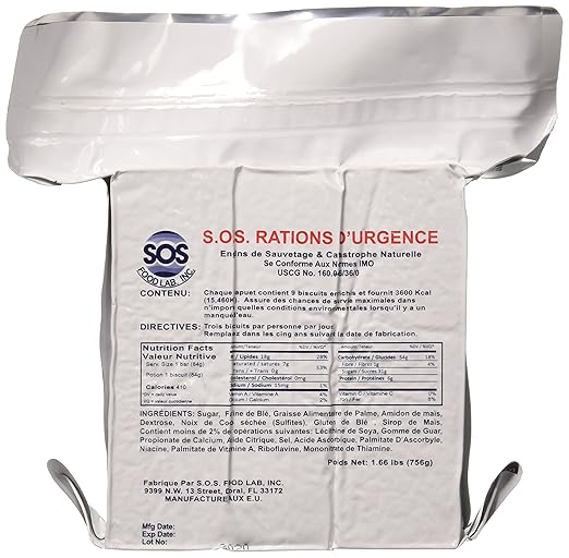 SOS Food Labs, Inc. 185000825 S.O.S. Rations Emergency 3600 Calorie Food bar - 3 Day/ 72 Hour Package with 5 Year Shelf Life, 5" Height, 2" Wide, 4.5" Length (Pack of 2)